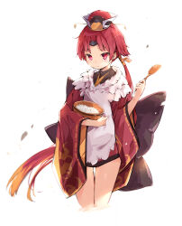 1girl absurdres apron beni-enma beni-enma_(first_ascension) bird_hat commentary cropped_legs dema_hmw expressionless fate/grand_order fate_(series) highres holding holding_spoon japanese_clothes kimono long_hair long_sleeves looking_at_viewer ohitsu ponytail red_eyes red_hair red_kimono rice shamoji simple_background solo spoon very_long_hair white_apron white_background wide_sleeves wooden_spoon