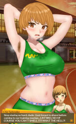 1girl alternate_breast_size angry annoyed armpit_crease armpit_focus armpit_hair armpit_hair_peek armpit_peek armpit_stubble armpits arms_behind_head arms_up atlus bare_shoulders belly blush bob_cut bra breasts brown_eyes brown_hair character_name collarbone cowboy_shot dialogue_box disgust dragon eddarxart english_text exhausted gameplay_mechanics green_leggings green_sports_bra heavy_breathing large_breasts leggings looking_at_viewer midriff navel open_mouth persona persona_4 persona_4_the_golden portrait pov running_track satonaka_chie short_hair skindentation smell solo solo_focus speech_bubble sports_bra sports_uniform sportswear standing steaming_body stomach sweat sweatdrop sweaty_clothes sweaty_female talking thighs tomboy toned toned_belly toned_female toned_stomach track track_and_field track_uniform training training_bra translated underwear very_short_hair