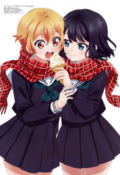 Rule 34 | 2girls, absurdres, aqua eyes, black hair, black shirt, black skirt, brown eyes, eating, food, hair between eyes, highres, holding, holding food, ice cream cone, long sleeves, looking at another, megami magazine, multiple girls, official art, open mouth, orange hair, plaid clothes, plaid scarf, pleated skirt, puraore! pride of orange, red scarf, saginuma riko, sailor collar, scan, scarf, school uniform, serafuku, shared clothes, shared scarf, shirt, short hair, simple background, skirt, smile, standing, takagi naomi, tanaka kii, teeth, upper teeth only, white background, white sailor collar
