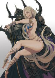 1girl armor barbariccia barefoot bikini black_armor black_gloves blonde_hair breasts cape final_fantasy final_fantasy_iv full_armor full_body gloves golbez helmet long_hair masakikazuyoshi medium_breasts smile solo swimsuit very_long_hair