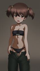 Rule 34 | 1girl, absurdres, alisa (girls und panzer), artist name, black panties, black tube top, blush, brown background, brown eyes, brown hair, cowboy shot, flintard, freckles, girls und panzer, gradient background, green pants, highres, looking at viewer, navel, open mouth, panties, pants, short hair, simple background, solo, standing, stomach, strapless, thighs, tube top, underwear, undressing, zipper