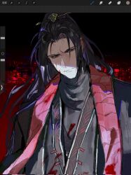 1boy art_program_in_frame black_coat black_hair black_hanfu blood blood_on_clothes blood_on_face chinese_clothes chinese_commentary closed_mouth coat corrupted_twitter_file furrowed_brow grey_eyes hanfu high_ponytail highres hoyapaint jia_qiu_(project_moon) limbus_company long_hair looking_to_the_side male_focus ponytail project_moon solo upper_body veiny_face xiao_guan_(headdress)