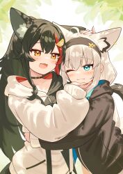 Rule 34 | :3, :d, ;3, absurdres, ahoge, animal ear fluff, animal ear piercing, animal ears, aqua eyes, black choker, black hair, black headband, black hoodie, black jacket, choker, crossed bangs, day, double-parted bangs, double-parted hair, extra ears, fox ears, fox girl, fox tail, hair between eyes, hair ornament, hairclip, hand on another&#039;s chin, hand on another&#039;s head, headband, high ponytail, highres, hololive, hood, hooded jacket, hoodie, hug, jacket, long hair, long sleeves, looking at another, low ponytail, multicolored hair, no pants, official alternate costume, one eye closed, ookami mio, ookami mio (casual), open mouth, outdoors, pentagram, ponytail, red hair, shirakami fubuki, shirakami fubuki (loungewear), sidelocks, sleeves past wrists, smile, streaked hair, tail, two-tone hoodie, verdey, very long hair, virtual youtuber, white hair, white hoodie, wolf ears, wolf girl, wolf tail, yellow eyes, yuri