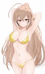 1girl absurdres ahoge armpits arms_up bikini brown_eyes brown_hair cowboy_shot gold_bikini high_ponytail highres hololive hololive_english long_hair looking_at_viewer nanashi_mumei narukahana navel ponytail raised_eyebrows simple_background solo stomach swimsuit very_long_hair virtual_youtuber wet white_background