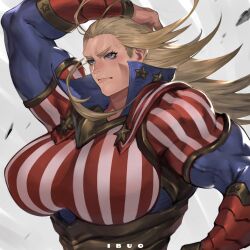 1girl american_flag american_flag_print arm_up artist_name blonde_hair blue_eyes boku_no_hero_academia breasts closed_mouth flag_print hair_slicked_back highres huge_breasts ibuo_(ibukht1015) looking_to_the_side muscular muscular_female simple_background solo star_and_stripe_(boku_no_hero_academia) striped_bodysuit superhero_costume upper_body