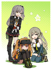 3girls absurdres asymmetrical_legwear black_boots black_jacket black_skirt black_thighhighs blush boots breasts brown_boots brown_hair chinese_commentary closed_eyes clothes_writing collared_shirt commentary_request elbow_gloves fingerless_gloves full_body girls&#039;_frontline girls&#039;_frontline_2:_exilium gloves green_background green_hair green_skirt green_thighhighs hair_ribbon head-mounted_display headpat highres hugging_own_legs jacket knee_pads kneeling lace-up_boots lainie_(girls&#039;_frontline_2) lenna_(girls&#039;_frontline_2) leva_(girls&#039;_frontline_2) long_hair looking_at_another loose_necktie mechanical_arms miharu_(cgsky) multiple_girls necktie one_side_up open_clothes open_jacket open_mouth orange_hair partially_unbuttoned pleated_skirt prosthesis prosthetic_arm ribbon scar scar_across_eye scar_on_face shirt simple_background single_knee_pad single_leg_pantyhose single_mechanical_arm single_thighhigh sitting skirt smile standing sweatdrop thighhighs twintails two-tone_background two_side_up ump40_(girls&#039;_frontline) ump45_(girls&#039;_frontline) ump9_(girls&#039;_frontline) white_background white_shirt yellow_necktie