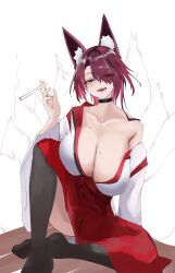 1girl absurdres animal_ears bare_shoulders black_thighhighs breasts choker cigarette cleavage cross-shaped_pupils fox_ears fox_girl fox_tail hair_over_one_eye hakama hakama_skirt highres japanese_clothes kimono large_breasts long_sleeves looking_at_viewer medium_hair multiple_tails off_shoulder open_mouth original purple_eyes purple_hair red_hakama s4ika sitting skirt smile solo symbol-shaped_pupils tail thighhighs white_kimono wide_sleeves