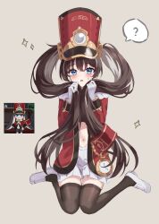 1girl ? absurdres blue_eyes full_body gloves grabbing_own_hair hat highres honkai:_star_rail honkai_(series) k2_(kazu1030) navel open_mouth personification pom-pom_(honkai:_star_rail) red_hat sitting skirt solo spoken_question_mark sweatdrop twintails wariza white_gloves white_skirt