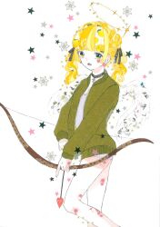 Rule 34 | 1girl, 922pochan, angel wings, arrow (projectile), black ribbon, blonde hair, blunt bangs, blush, bow (weapon), braid, brown jacket, choker, commentary request, cross, cross choker, crown braid, cupid, feet out of frame, folded braid, halo, heart, heart arrow, highres, holding, holding bow (weapon), holding weapon, jacket, knee up, long hair, long sleeves, looking ahead, masking tape (medium), mixed media, no pants, open clothes, open jacket, original, parted lips, pink shirt, ribbon, shirt, sidelocks, solo, sparkle, standing, star (symbol), traditional media, twintails, unconventional media, wavy hair, weapon, white background, wings, yellow eyes