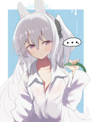 ... 1girl absurdres animal_ears blue_archive blue_halo blush collarbone collared_shirt fake_animal_ears flat_chest grey_hair hair_between_eyes halo highres holding holding_hose hose kawa_mura long_hair long_sleeves looking_at_viewer miyako_(blue_archive) one_side_up parted_lips purple_eyes rabbit_ears see-through_clothes see-through_shirt shirt solo spoken_ellipsis upper_body wet wet_clothes wet_shirt white_shirt