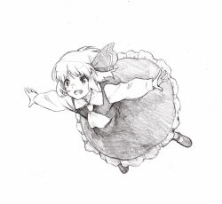 1girl ascot bow collared_shirt commentary_request fang floating_hair flying frilled_skirt frills hair_bow long_sleeves mary_janes open_mouth outstretched_arms rumia shiratama_(hockey) shirt shoes short_hair sidelocks simple_background skirt solo spread_arms touhou traditional_media vest white_background