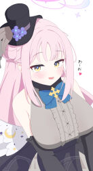 Rule 34 | 1girl, absurdres, alternate costume, angel wings, black hat, black sleeves, blue archive, blue flower, blue necktie, blush, commentary request, dress, flower, fortysansan, grey dress, hair bun, halo, hat, hat flower, highres, long hair, looking at viewer, mika (blue archive), multicolored halo, necktie, open mouth, pink hair, simple background, sleeveless, sleeveless dress, solo, white background, wings, yellow eyes