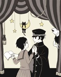 1boy 1girl black_cat black_cloak black_eyes black_hair book cat cloak crescent_moon curtains daidoji_kaya demon_(megami_tensei) devil_summoner:_raidou_kuzunoha_vs_the_soulless_army devil_summoner_(series) enraku_(kemulily) gakuran gouto holding holding_book kuzunoha_raidou mishaguji_(megami_tensei) moon school_uniform serafuku short_hair sideburns star_(symbol) yellow_background