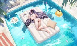 1girl absurdres artist_request ass azur_lane barefoot bikini bird black-framed_eyewear black_bikini black_horns breasts cake cake_slice cup curled_horns feet flower food friedrich_carl_(azur_lane) friedrich_carl_(tender_summer_care)_(azur_lane) from_above from_behind fruit glasses hair_flower hair_ornament highres holding_with_feet horns huge_breasts lime_(fruit) lime_slice long_hair looking_at_viewer looking_back lying manjuu_(azur_lane) mole mole_on_breast mole_under_mouth nail_polish non-web_source official_alternate_costume official_art on_stomach pool purple_hair red_flower semi-rimless_eyewear side-tie_bikini_bottom soles sunglasses swimsuit thighs unworn_eyewear very_long_hair water wet