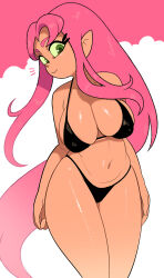 bikini black_bikini breasts covered_erect_nipples dc_comics full_body green_eyes highres large_breasts long_hair pink_hair pointy_ears shiny_skin simple_background starfire swimsuit teen_titans yuta_agc