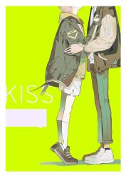 Rule 34 | 1boy, 1girl, black jacket, drawstring, from side, head out of frame, height difference, highres, hood, hood down, hooded jacket, jacket, long sleeves, open clothes, open jacket, original, pants, qyzhiaiyisheng, shoes, short hair, shorts, simple background, sneakers, socks, standing
