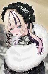 Rule 34 | 1girl, alternate costume, back bow, black hair, blonde hair, blush, bow, bra, breath, floral print, floral print kimono, fur-trimmed kimono, fur trim, green eyes, hair intakes, hairband, highres, japanese clothes, kimono, kurumi noah, lace, lace-trimmed bra, lace-trimmed kimono, lace trim, lolita hairband, looking at viewer, looking back, lower teeth only, multicolored hair, nose blush, open mouth, print kimono, solo, streaked hair, teeth, underwear, virtual youtuber, vspo!, y4uyo