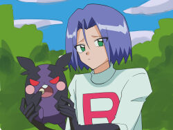 1boy black_gloves blue_hair gen_8_pokemon gloves green_eyes highres holding holding_poke_ball james_(pokemon) looking_at_viewer morpeko morpeko_(hangry) nintendo poke_ball pokemon pokemon_(anime) single_letter solo solo_focus team_rocket team_rocket_uniform worried yuzutan_(zvhc3728)