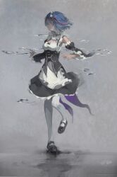 1girl absurdres apron black_dress black_shoes blue_hair breasts detached_sleeves dress faceless faceless_female hair_ribbon hairband highres jiuxiaoshi large_breasts maid maid_apron maid_headdress pantyhose re:zero_kara_hajimeru_isekai_seikatsu red_ribbon rem_(re:zero) ribbon shoes short_hair solo standing standing_on_one_leg white_apron white_hairband white_pantyhose