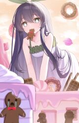 1girl absurdres all_fours bare_shoulders black_hair breasts cake candy collarbone commentary_request crying donut dress eating fang food frilled_dress frills gingerbread_man green_eyes highres living_food long_hair original small_breasts sparkling_eyes very_long_hair wafer wafer_stick white_dress wlswlp