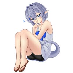 1boy bare_arms bare_legs bare_shoulders basher bike_shorts blue_bow blue_eyes boros_(ouro_kronii) bow bulge commentary crossdressing dress english_commentary feet finger_to_mouth flip-flops full_body grey_hair hair_between_eyes hair_bow hair_intakes highres hololive hololive_english light_blush long_pointy_ears looking_at_viewer male_focus musical_note no_socks personification pointy_ears sandals short_hair simple_background sleeveless sleeveless_dress smile snake_boy snake_tail solo tail toes trap white_background white_dress