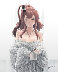 Rule 34 | 1girl, alternate costume, bare shoulders, black hair, blue eyes, blush, breasts, brown hair, cleavage, collarbone, cup, grey background, highres, holding, holding cup, jewelry, kantai collection, large breasts, long sleeves, looking at viewer, medium hair, multicolored hair, necklace, odachu, off-shoulder sweater, off shoulder, one side up, ring, saratoga (kancolle), sidelocks, signature, smile, solo, spoon, streaked hair, sweater, two-tone hair, upper body, wedding ring, white sweater