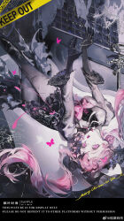 1girl absurdres black_dress black_gloves bow bug butterfly dress english_text frills gloves hat highres insect long_hair long_sleeves looking_at_viewer open_mouth original pantyhose pink_bow pink_eyes pink_hair silk solo spider_web twintails very_long_hair www_shigure