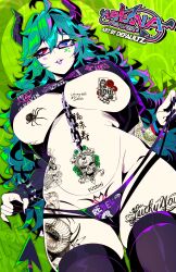 1girl absurdres ahoge arrow_through_heart artist_name aruna_reaver black_horns black_nails blue_eyes breast_tattoo breasts chain chain_between_breasts character_name cropped_shirt defaultz demon_tail facial_mark green_hair heart heart_facial_mark heart_tattoo highres horns indie_virtual_youtuber leg_tattoo long_hair navel_piercing parted_lips piercing pubic_tattoo purple_lips rectangular_eyewear red_eyes second-party_source single_wrist_cuff skull_tattoo snake_tattoo solo spider_tattoo spiked_cuffs stomach_tattoo tail tail_ornament tattoo thighhighs underboob virtual_youtuber wrist_cuffs
