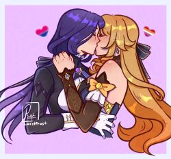 2girls artist_name bisexual_flag black_jacket black_ribbon blonde_hair blue_eyes clorinde_(genshin_impact) closed_eyes commentary cropped_torso detached_sleeves earrings english_commentary genshin_impact gloves hair_ribbon hand_on_another&#039;s_neck heart highres jacket jewelry kiss lesbian_flag lgbt_pride long_hair losstfrost multiple_girls navia_(genshin_impact) purple_background purple_hair ribbon shirt simple_background upper_body white_gloves white_shirt yuri