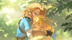 1boy 1girl belt blonde_hair blue_eyes blue_tunic blurry blurry_background braid brown_belt brown_gloves champion&#039;s_tunic_(zelda) closed_eyes commentary crown_braid earrings english_commentary fingerless_gloves gloves green_background hair_ornament hairclip hetero highres hug jewelry layered_sleeves leaf link long_sleeves nintendo pointy_ears ponytail princess_zelda short_hair short_over_long_sleeves short_ponytail short_sleeves shoulder_belt the_legend_of_zelda the_legend_of_zelda:_tears_of_the_kingdom tunic yumiyumo3o