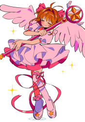 1girl antenna_hair blush brown_hair cardcaptor_sakura closed_eyes commentary dress frilled_dress frills full_body hair_intakes holding holding_staff holding_wand kinomoto_sakura kinomoto_sakura_(astral_sakura) magical_girl puffy_short_sleeves puffy_sleeves ribbon sanamaru_(sana79261827) shoes short_hair short_sleeves simple_background smile solo sparkle staff standing wand white_background wings
