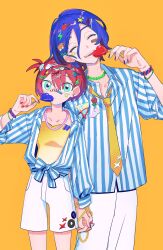 1boy 1girl absurdres amate_yuzuriha aqua_eyes bandaid bandaid_on_cheek bandaid_on_face bandaid_on_nose blue_hair blue_nails bracelet braid candy commentary cowboy_shot food gundam gundam_gquuuuuux heart heart-shaped_food heart-shaped_lollipop highres holding holding_candy holding_food holding_hands holding_lollipop jacket jewelry lollipop mqkepuoq necklace necktie one_side_up open_mouth orange_background red_hair red_nails shaped_lollipop shirt short_hair shorts shuji_ito simple_background smile sticker_on_face too_many_hair_ornaments