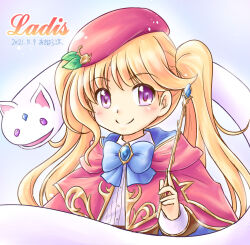 Rule 34 | 1girl, akihara ryou, artist name, beret, blonde hair, cape, character name, dated, familiar, hat, iris mysteria!, ladis (iris mysteria!), neck ribbon, purple eyes, ribbon, smile, twintails, upper body, wand
