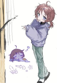 Rule 34 | 1girl, ahoge, brown hair, hair ornament, hairclip, highres, long sleeves, lying, original, pants, reitoubeef, shoes, sleeping, sleeves past wrists, socks, twintails