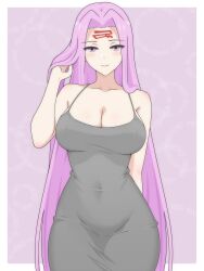 1girl absurdres arm_behind_back blush breasts cleavage closed_mouth collarbone covered_navel cowboy_shot dani_(angrymatthew) dongtan_dress duplicate eyebrows_hidden_by_hair eyes_visible_through_hair facial_mark facing_viewer fate/grand_order fate/stay_night fate_(series) forehead_mark highres large_breasts long_bangs long_hair looking_at_viewer medusa_(fate) medusa_(rider)_(fate) meme_attire out_of_frame parted_bangs playing_with_own_hair purple_background purple_eyes purple_hair smile solo standing very_long_hair