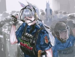 1boy 2girls animal_ears ballistic_shield baton_(weapon) black_gloves bridle clenched_teeth commentary crowd cuffs face_shield fingerless_gloves gloves gold_ship_(umamusume) grey_hair handcuffs helmet highres horse_ears horse_girl long_hair looking_at_another looking_at_viewer mask multiple_girls nervous osakana_(denpa_yun&#039;yun) over_shoulder police police_uniform policeman policewoman purple_eyes riot_police shield shield_wall sketch solo_focus sweatdrop symbol-only_commentary tall_female teamwork teeth turtleneck umamusume weapon weapon_over_shoulder