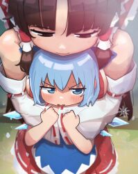 2girls 4th_lol blue_eyes blue_hair blush bow breasts brown_eyes brown_hair cirno day detached_sleeves dress hair_bow hair_tubes hakurei_reimu height_difference highres hug hug_from_behind ice ice_wings long_hair multiple_girls nontraditional_miko outdoors short_hair sideboob smile snowflakes touhou wings yuri