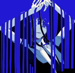 1other arms_up black_jacket black_necktie black_suit blue_background blue_eyes blue_hair blue_nails collared_shirt colored_skin formal_clothes gem_uniform_(houseki_no_kuni) hair_flowing_over highres houseki_no_kuni jacket lapis_lazuli_(houseki_no_kuni) long_hair looking_at_viewer mt5_014 necktie one_eye_covered other_focus shirt short_sleeves simple_background smile solo suit suit_jacket upper_body white_shirt white_skin