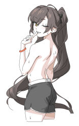 1girl absurdres back black_bow black_shorts bow bracelet brown_eyes brown_hair commentary commission cropped_legs dolphin_shorts emile_aoi english_commentary girls&#039;_frontline girls&#039;_frontline_2:_exilium green_pupils hair_bow highres jewelry leva_(girls&#039;_frontline_2) long_hair looking_at_viewer one_eye_closed one_side_up parted_lips scar scar_across_eye scar_on_face shorts simple_background smile solo sweat topless_female ump45_(girls&#039;_frontline) white_background