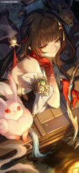 1girl ahoge bare_shoulders black_hair blunt_bangs colored_extremities colored_skin creature detached_sleeves eyeshadow from_above fuyuan_(honkai:_star_rail) highres holding honkai:_star_rail honkai_(series) incense jewelry lingsha_(honkai:_star_rail) long_hair lying makeup multicolored_skin official_art on_stomach orange_eyes pointy_ears red_eyeshadow red_hands ring scroll slit_pupils smile smoke solo tassel two-tone_skin