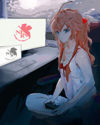 1girl :&lt; absurdres artist_request bare_legs bare_shoulders barefoot breasts brown_hair chemise cleavage computer crossed_legs highres indoors interface_headset_(evangelion) laptop logo long_hair looking_at_viewer monitor neon_genesis_evangelion no_bra playing_games shiny_skin sitting solo souryuu_asuka_langley standing two_side_up white_chemise wide_hips