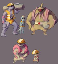 10s clothed_pokemon conkeldurr creature creatures_(company) fangs full_body game_freak gen_1_pokemon gen_5_pokemon glitchedpuppet gurdurr hat helmet highres machoke machop nintendo no_humans pmd-explorers pokemon pokemon_(creature) pokemon_bw pokemon_mystery_dungeon reverse_trap simple_background timburr