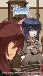 ahoge armor beard_stubble blue_eyes blue_hair blush bow breastplate brown_hair clock closed_mouth copyright_notice facial_hair gauntlets grandfather_clock green_eyes hair_between_eyes hair_bow highres indoors lala_(sputnik) logo long_hair looking_at_viewer lord_knight_(ragnarok_online) official_art official_wallpaper open_mouth own_hands_together pauldrons pink_bow pink_skirt ragnarok_online sabiku short_hair shoulder_armor skirt smile spica_parfait stubble upper_body