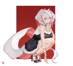 1girl absurdres black_dress black_sandals border breasts cleavage cross-shaped_pupils dress feet from_side grey_hair grin hair_between_eyes high_heel_sandals highres large_breasts large_tail looking_at_viewer multicolored_hair nail_polish original outside_border red_eyes red_hair red_nails sandals sleeveless sleeveless_dress smile solo squatting strappy_heels streaked_hair symbol-shaped_pupils tail terras toenails toes twintails two-tone_hair very_long_fingernails white_border