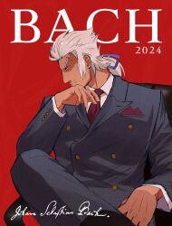 Rule 34 | 1boy, 2024, absurdres, aquiline nose, blue ribbon, catovyen, chair, character name, classicaloid, closed mouth, commentary, english commentary, facial hair, grey hair, grey jacket, grey pants, hair ribbon, highres, jacket, johann sebastian bach (classicaloid), long sleeves, male focus, mature male, mustache stubble, necktie, nose, pants, red necktie, ribbon, sitting, solo, stubble, tan