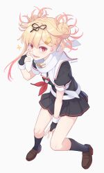1girl alternate_hairstyle black_shirt black_skirt blonde_hair boku_no_hero_academia bridal_gauntlets brown_shoes commentary_request dan_(kumadan) double_bun grey_background hair_bun highres kantai_collection loafers looking_at_viewer open_mouth red_eyes school_uniform serafuku shirt shoes simple_background skirt solo teeth toga_himiko yuudachi_(kancolle) yuudachi_kai_ni_(kancolle)
