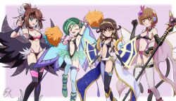 4girls adapted_costume armpits arms_up belt bikini black_gloves blue_eyes boots bridal_gauntlets brown_eyes brown_hair character_name chaya_mago constellar_sombre constellar_sombre_(cosplay) cosplay cxyz_dark_fairy_cheer_girl cxyz_dark_fairy_cheer_girl_(cosplay) dark-skinned_female dark_skin fairy_cheer_girl fairy_cheer_girl_(cosplay) fake_wings feet_out_of_frame fur_armlet gloves gold_headband green_hair hair_tubes hand_up harpie_dancer harpie_dancer_(cosplay) harpie_girl_(yu-gi-oh!) harpie_girl_(yu-gi-oh!)_(cosplay) harpie_queen harpie_queen_(cosplay) high_heels highres holding holding_pom_poms holding_staff holding_wand long_hair mazaki_anzu medium_hair mizuki_kotori_(yu-gi-oh!) multiple_girls one_eye_closed open_mouth pom_pom_(cheerleading) pom_poms ponytail sera_(yu-gi-oh!) short_hair signature single_leg_pantyhose single_thighhigh staff swimsuit thigh_belt thigh_strap thighhighs trickstar_black_catbat trickstar_black_catbat_(cosplay) wand winged_arms wings yu-gi-oh! yu-gi-oh!_the_dark_side_of_dimensions yu-gi-oh!_vrains yu-gi-oh!_zexal