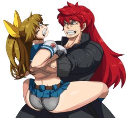 Rule 34 | 1boy, 1girl, absurdres, ass, bearhug, belt, black gloves, blue eyes, blue skirt, blue socks, bow, brown hair, clenched teeth, commission, crotch seam, fingerless gloves, gakuran, gloves, green eyes, grey panties, hair between eyes, hair bow, highres, jacket, leg grab, leg lock, long hair, m.u.g.e.n, microskirt, midriff, oggy (oggyoggy), one eye closed, original, panties, pixiv commission, pleated skirt, ponytail, red hair, ryuko (oggyoggy), school uniform, serafuku, sharp teeth, short sleeves, skirt, socks, sports panties, spread legs, teeth, thick eyebrows, transparent background, underwear, variant set, wince, wrestling, yellow bow