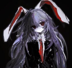 1girl akama_chlorine animal_ears black_background black_jacket closed_mouth collared_shirt dot_mouth dragon eastern_dragon expressionless hair_between_eyes highres jacket long_hair long_sleeves messy_hair necktie no_pupils purple_hair rabbit_ears rabbit_girl red_eyes red_necktie reisen_udongein_inaba shirt simple_background solo touhou very_long_hair white_shirt