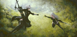 2b_(nier:automata) 2girls a2_(nier:automata) absurdres android back_cutout battle black_blindfold black_dress black_gloves black_hairband black_thighhighs blindfold blue_eyes boots clothing_cutout covered_eyes dress elbow_gloves feather-trimmed_sleeves feather_trim fighting_stance gloves hairband highres holding holding_sword holding_weapon long_hair multiple_girls nier:automata nier_(series) roiven short_hair sword thighhighs thighhighs_under_boots virtuous_contract weapon white_hair